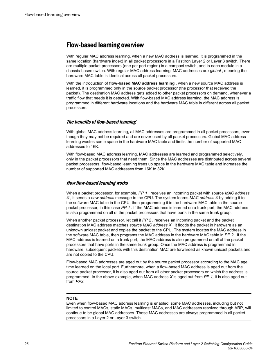 Flow-based learning overview, The benefits of flow-based learning, How flow-based learning works | Brocade FastIron Ethernet Switch Platform and Layer 2 Switching Configuration Guide User Manual | Page 26 / 454