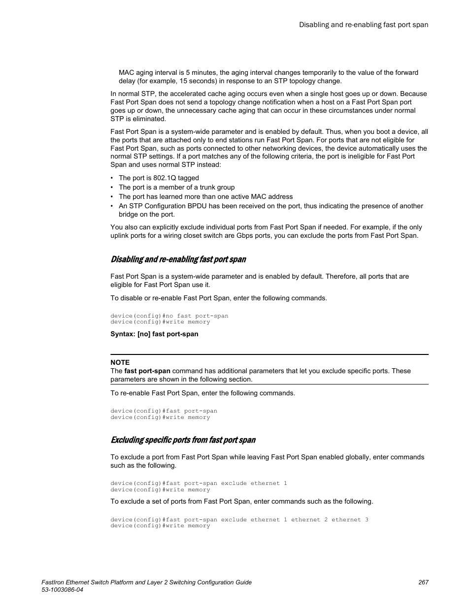 Disabling and re-enabling fast port span, Excluding specific ports from fast port span | Brocade FastIron Ethernet Switch Platform and Layer 2 Switching Configuration Guide User Manual | Page 267 / 454