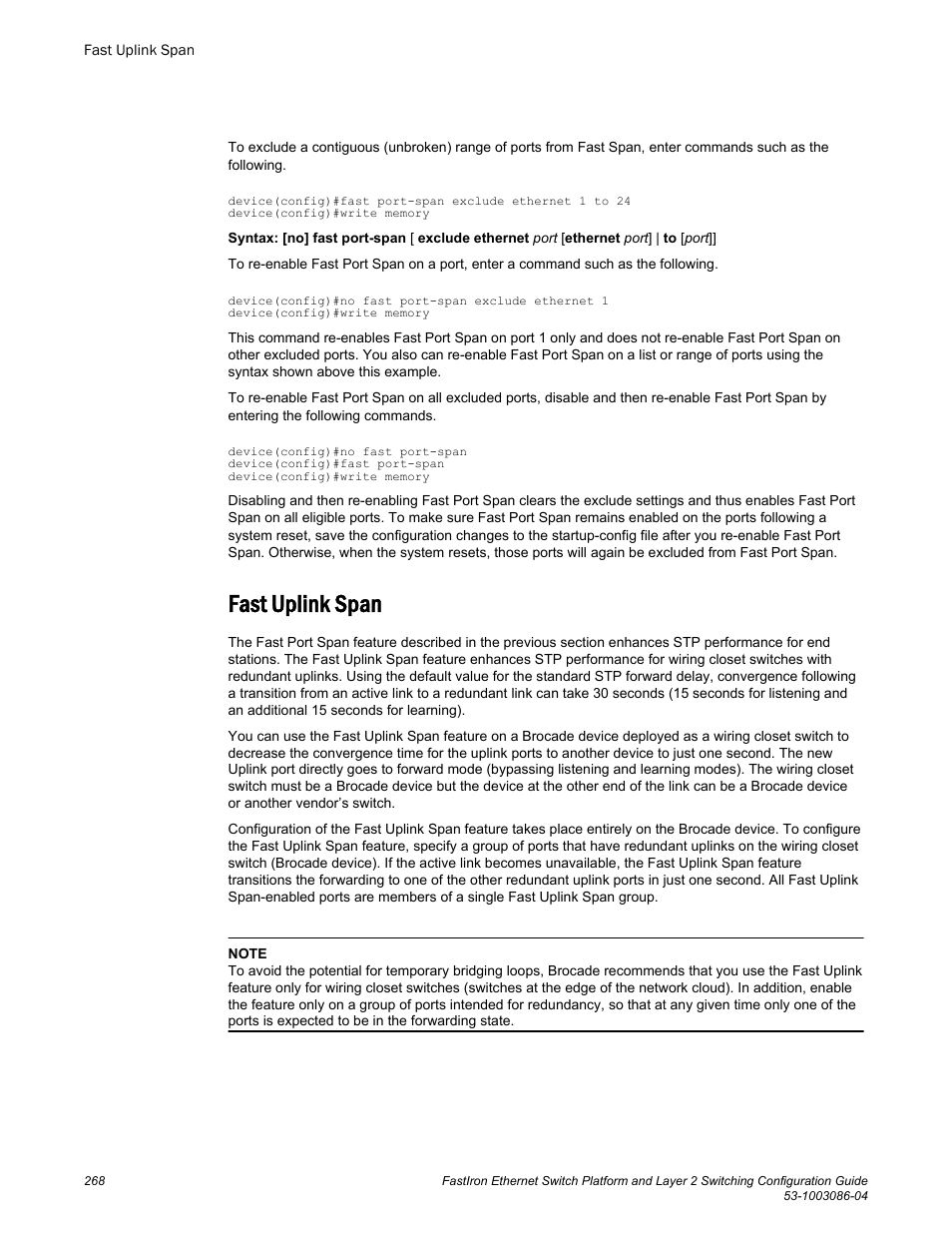Fast uplink span | Brocade FastIron Ethernet Switch Platform and Layer 2 Switching Configuration Guide User Manual | Page 268 / 454