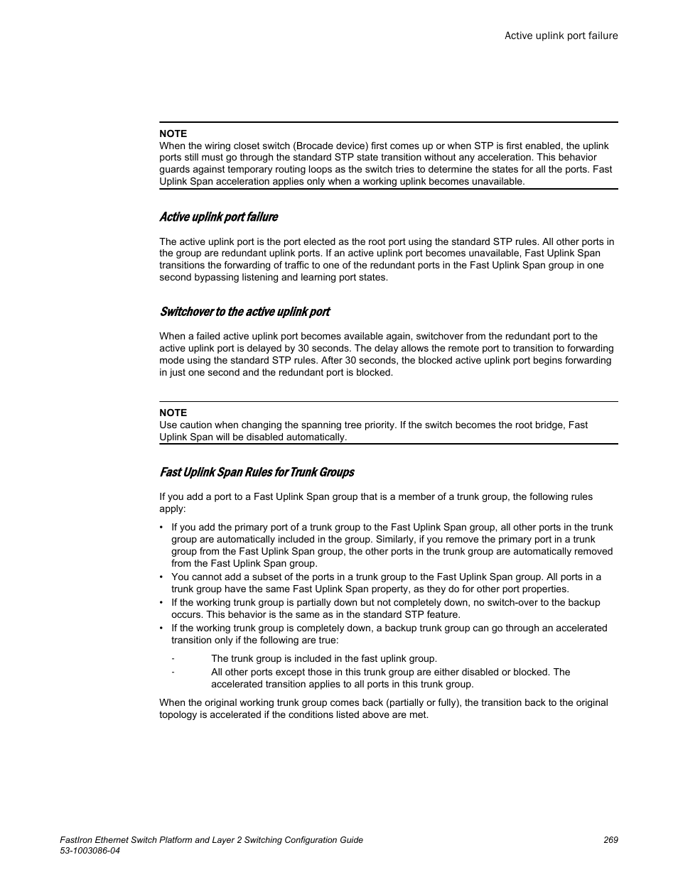 Active uplink port failure, Switchover to the active uplink port, Fast uplink span rules for trunk groups | Brocade FastIron Ethernet Switch Platform and Layer 2 Switching Configuration Guide User Manual | Page 269 / 454