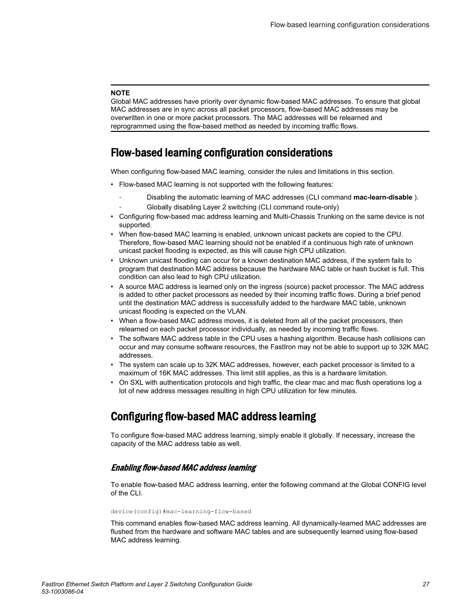 Flow-based learning configuration considerations, Configuring flow-based mac address learning, Enabling flow-based mac address learning | Brocade FastIron Ethernet Switch Platform and Layer 2 Switching Configuration Guide User Manual | Page 27 / 454