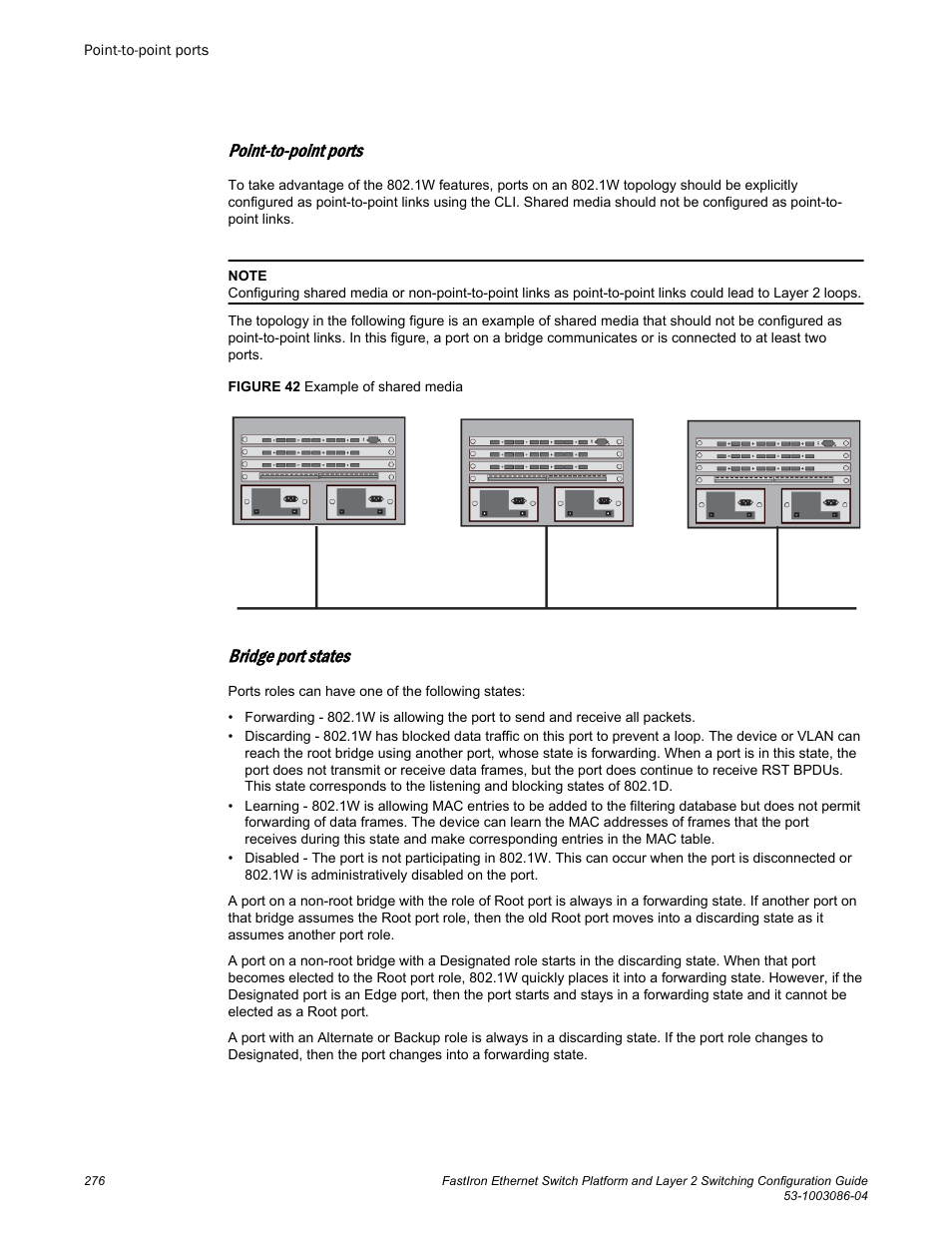 Point-to-point ports, Bridge port states | Brocade FastIron Ethernet Switch Platform and Layer 2 Switching Configuration Guide User Manual | Page 276 / 454