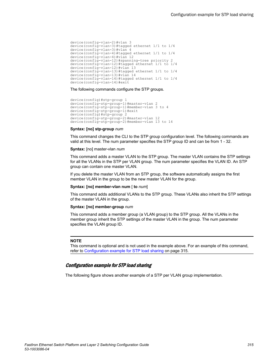 Configuration example for stp load sharing, Configuration, Example for stp load sharing | Brocade FastIron Ethernet Switch Platform and Layer 2 Switching Configuration Guide User Manual | Page 315 / 454