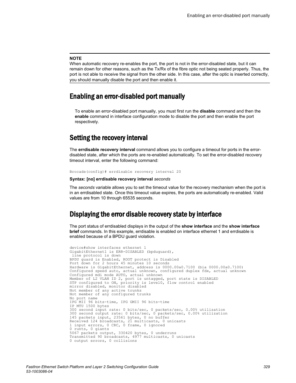 Enabling an error-disabled port manually, Setting the recovery interval, 328 and | Brocade FastIron Ethernet Switch Platform and Layer 2 Switching Configuration Guide User Manual | Page 329 / 454