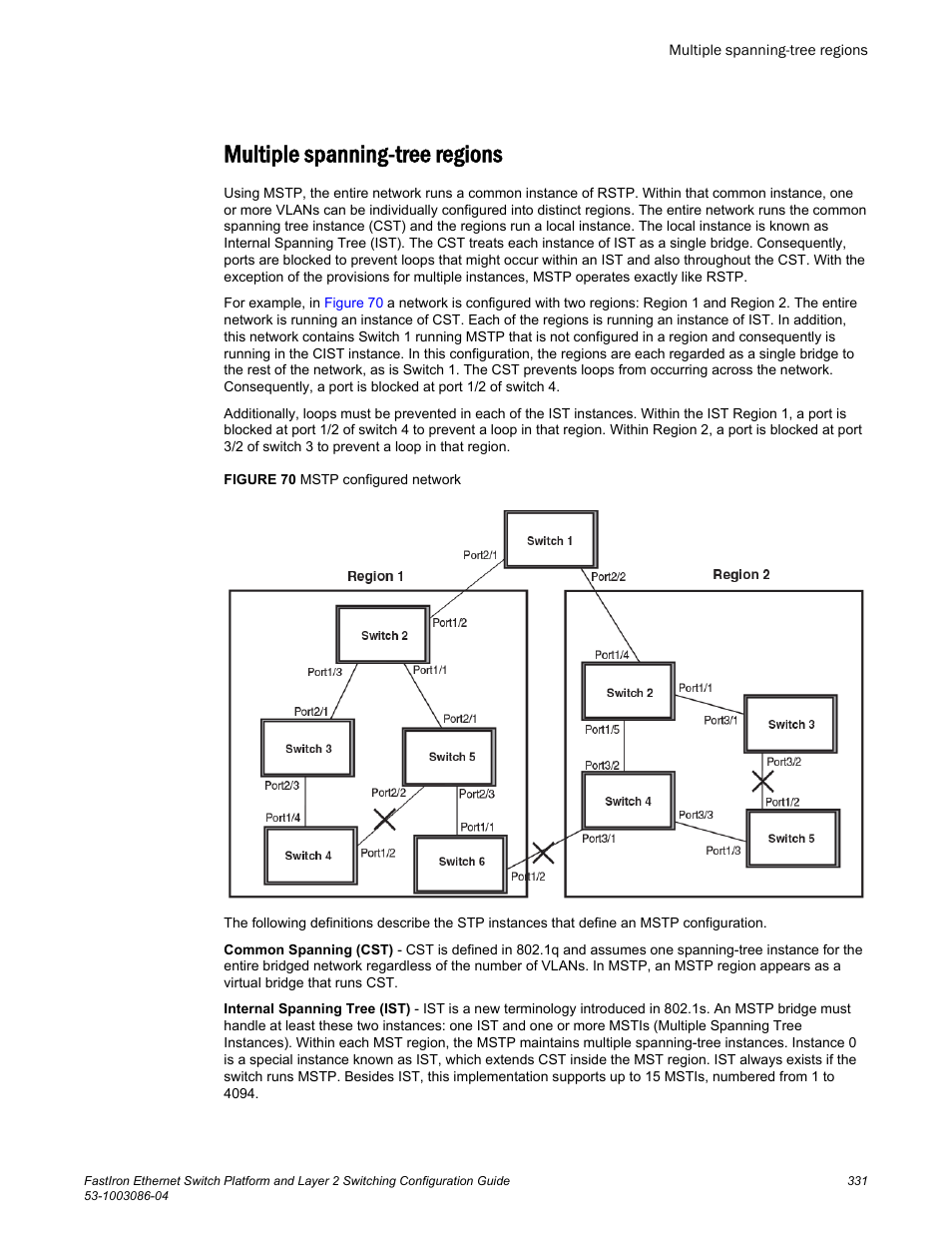 Multiple spanning-tree regions | Brocade FastIron Ethernet Switch Platform and Layer 2 Switching Configuration Guide User Manual | Page 331 / 454