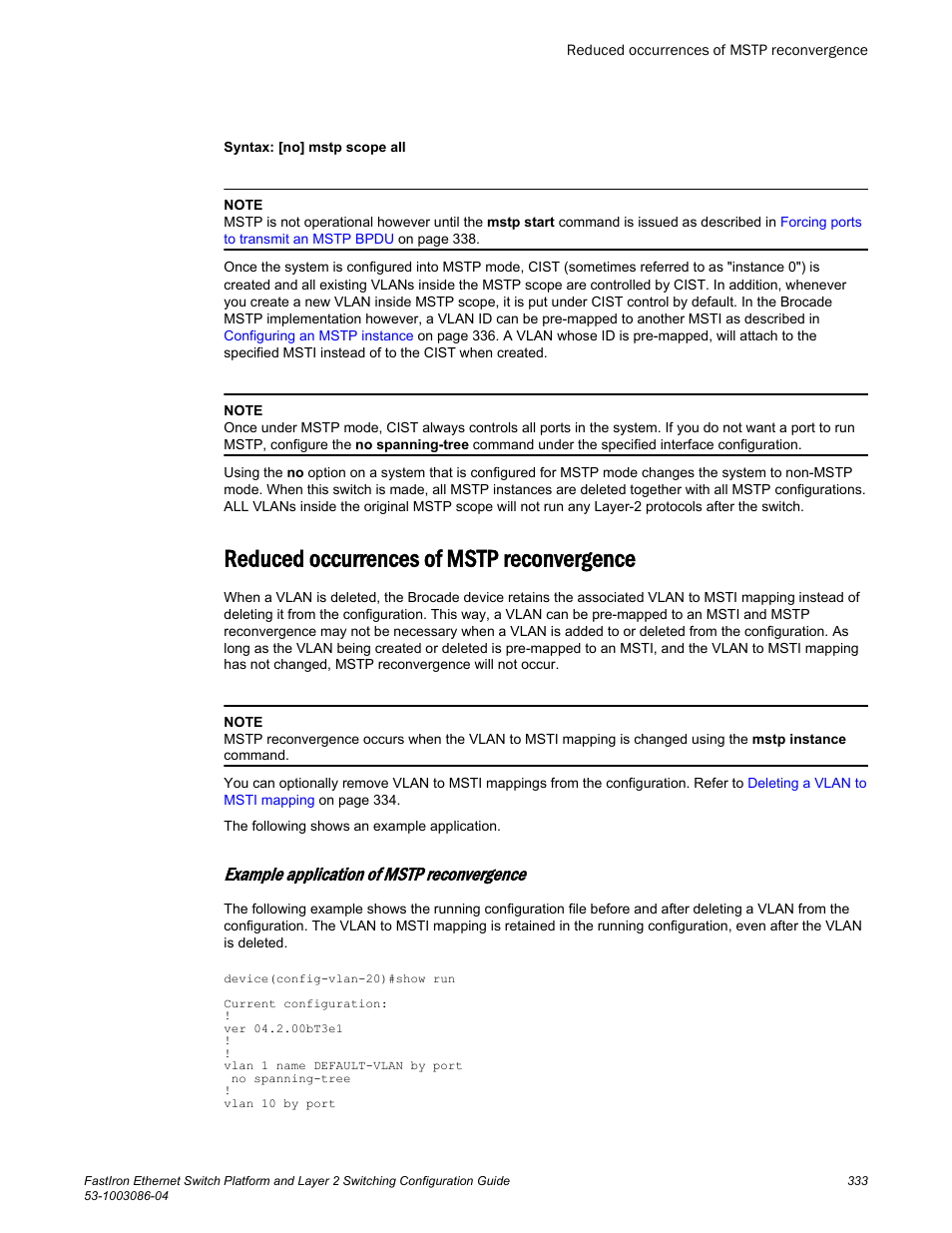 Reduced occurrences of mstp reconvergence, Example application of mstp reconvergence | Brocade FastIron Ethernet Switch Platform and Layer 2 Switching Configuration Guide User Manual | Page 333 / 454