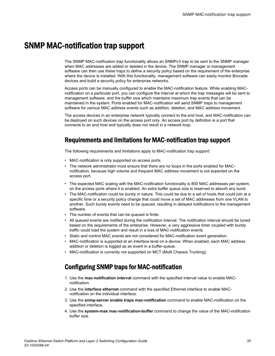 Snmp mac-notification trap support, Configuring snmp traps for mac-notification | Brocade FastIron Ethernet Switch Platform and Layer 2 Switching Configuration Guide User Manual | Page 35 / 454