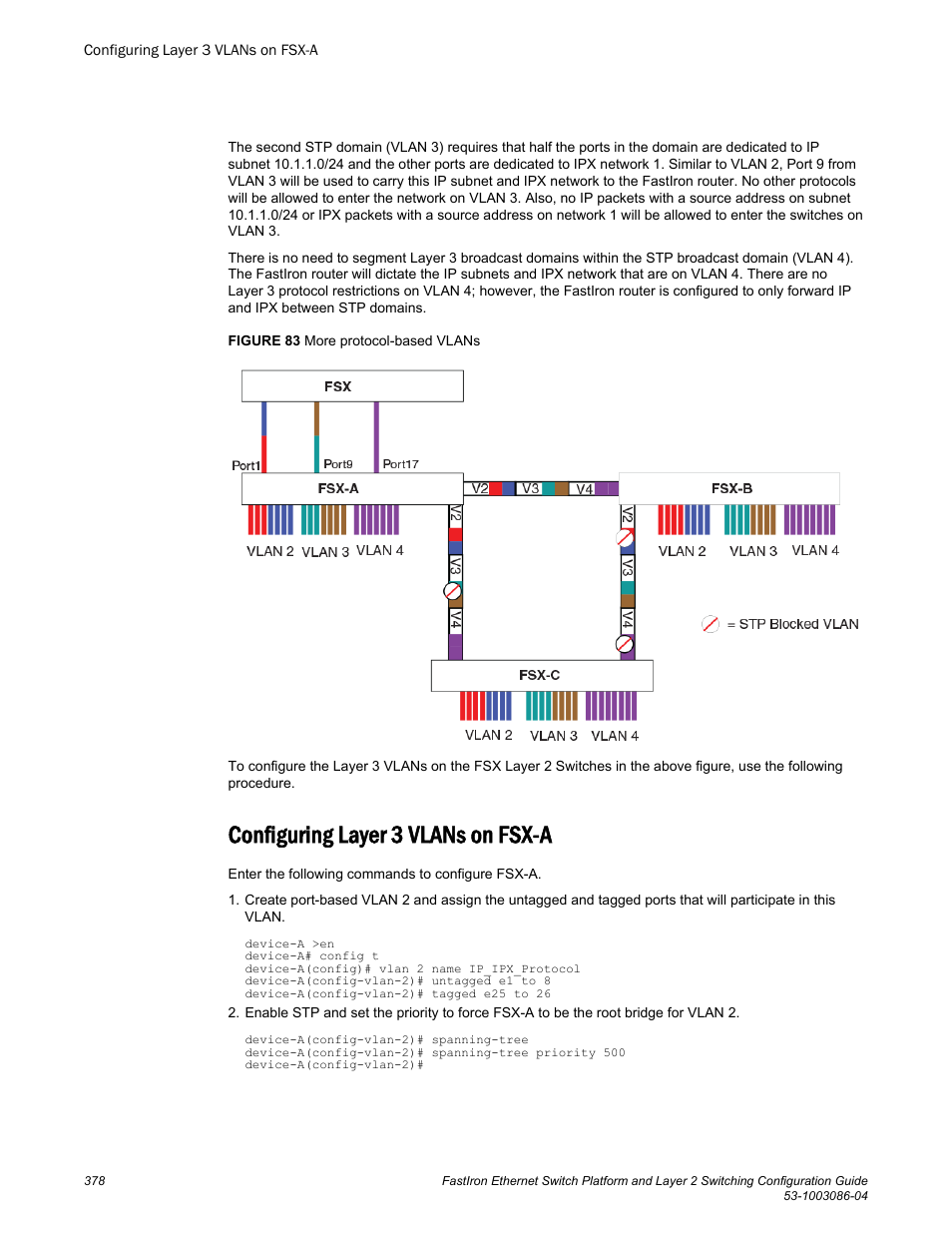 Configuring layer 3 vlans on fsx-a | Brocade FastIron Ethernet Switch Platform and Layer 2 Switching Configuration Guide User Manual | Page 378 / 454