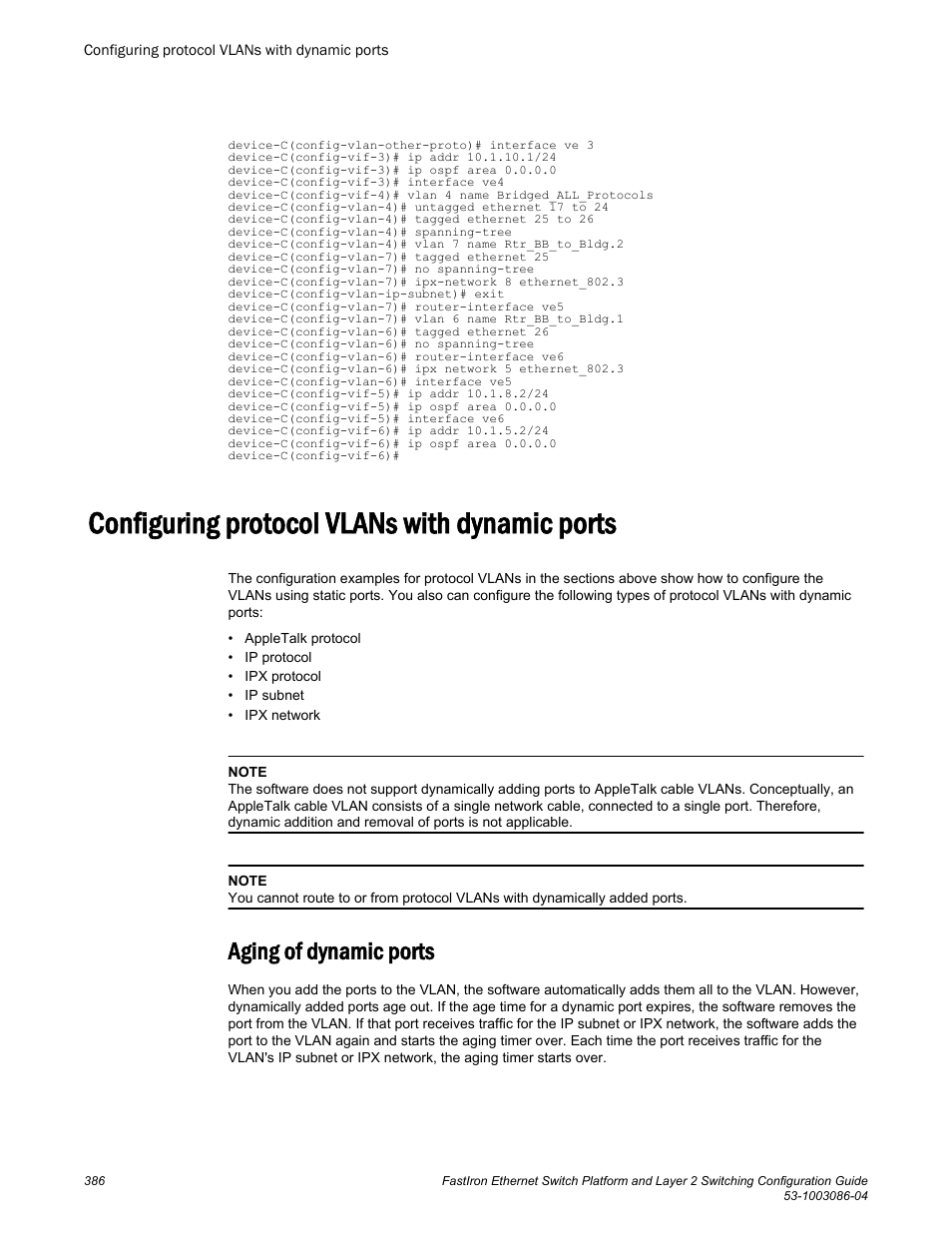 Configuring protocol vlans with dynamic ports, Aging of dynamic ports | Brocade FastIron Ethernet Switch Platform and Layer 2 Switching Configuration Guide User Manual | Page 386 / 454