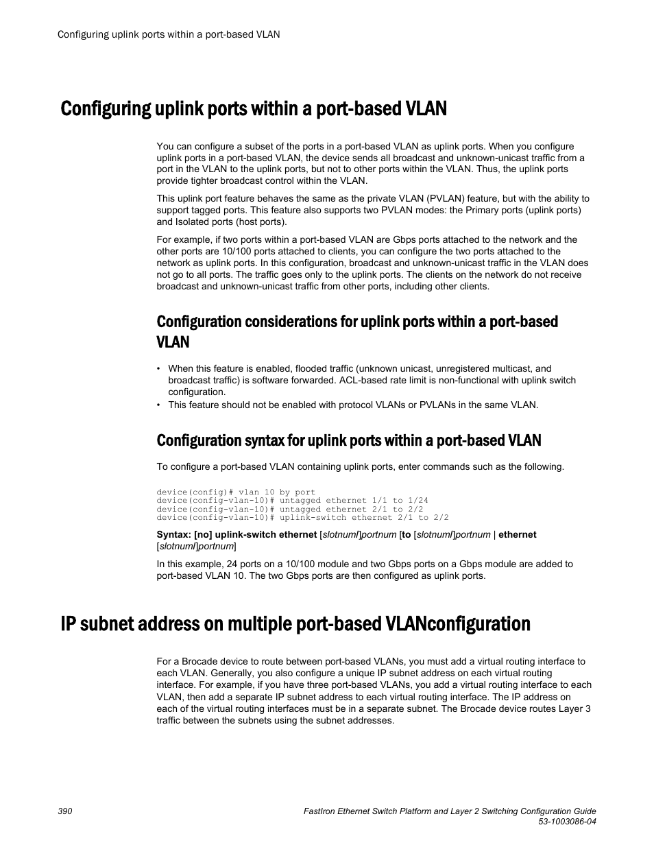 Configuring uplink ports within a port-based vlan, Vlan | Brocade FastIron Ethernet Switch Platform and Layer 2 Switching Configuration Guide User Manual | Page 390 / 454