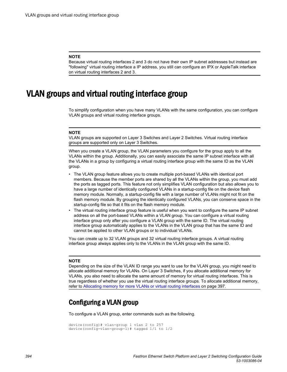 Vlan groups and virtual routing interface group, Configuring a vlan group, For configuration information, refer to | Brocade FastIron Ethernet Switch Platform and Layer 2 Switching Configuration Guide User Manual | Page 394 / 454