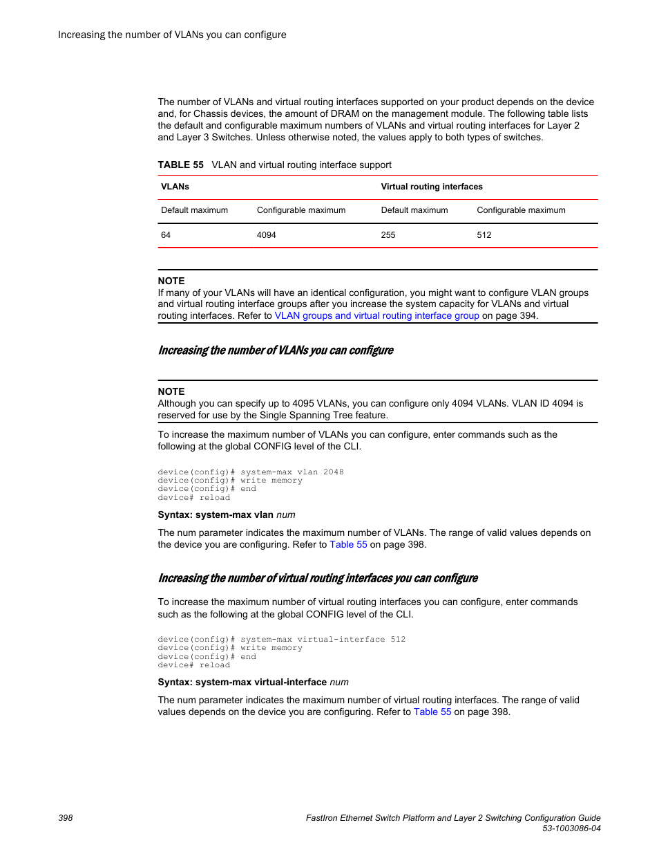Increasing the number of vlans you can configure | Brocade FastIron Ethernet Switch Platform and Layer 2 Switching Configuration Guide User Manual | Page 398 / 454