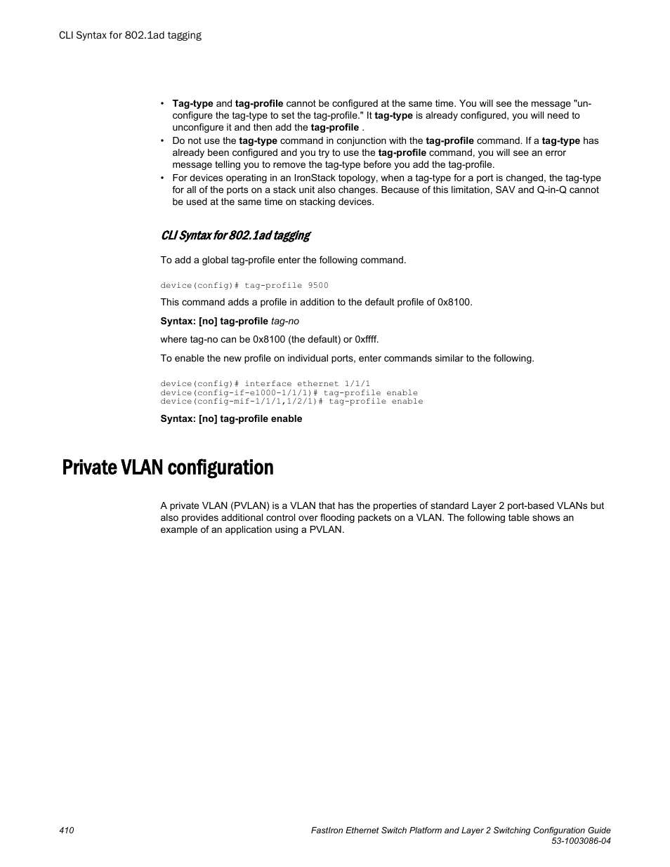 Cli syntax for 802.1ad tagging, Private vlan configuration | Brocade FastIron Ethernet Switch Platform and Layer 2 Switching Configuration Guide User Manual | Page 410 / 454