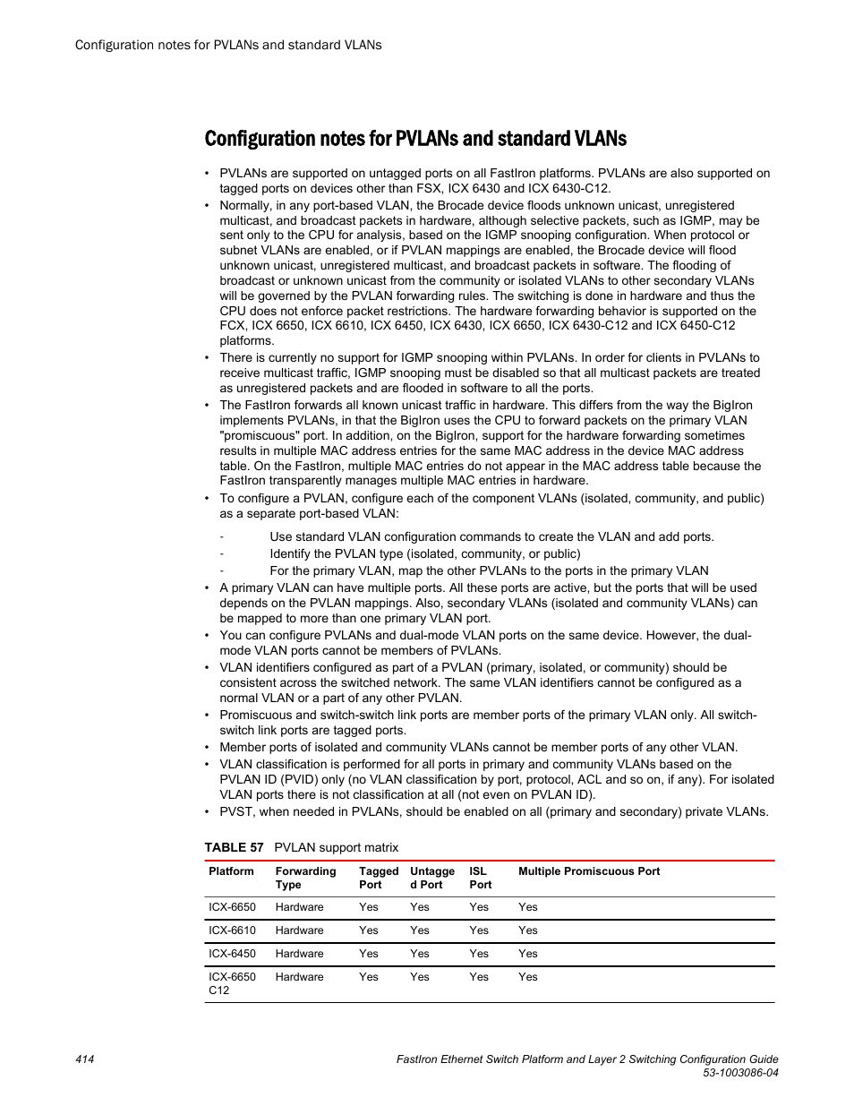 Configuration notes for pvlans and standard vlans | Brocade FastIron Ethernet Switch Platform and Layer 2 Switching Configuration Guide User Manual | Page 414 / 454