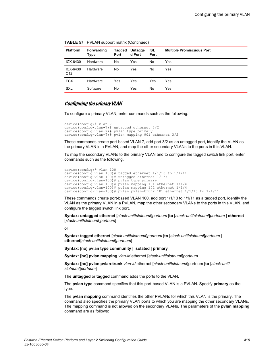 Configuring the primary vlan | Brocade FastIron Ethernet Switch Platform and Layer 2 Switching Configuration Guide User Manual | Page 415 / 454