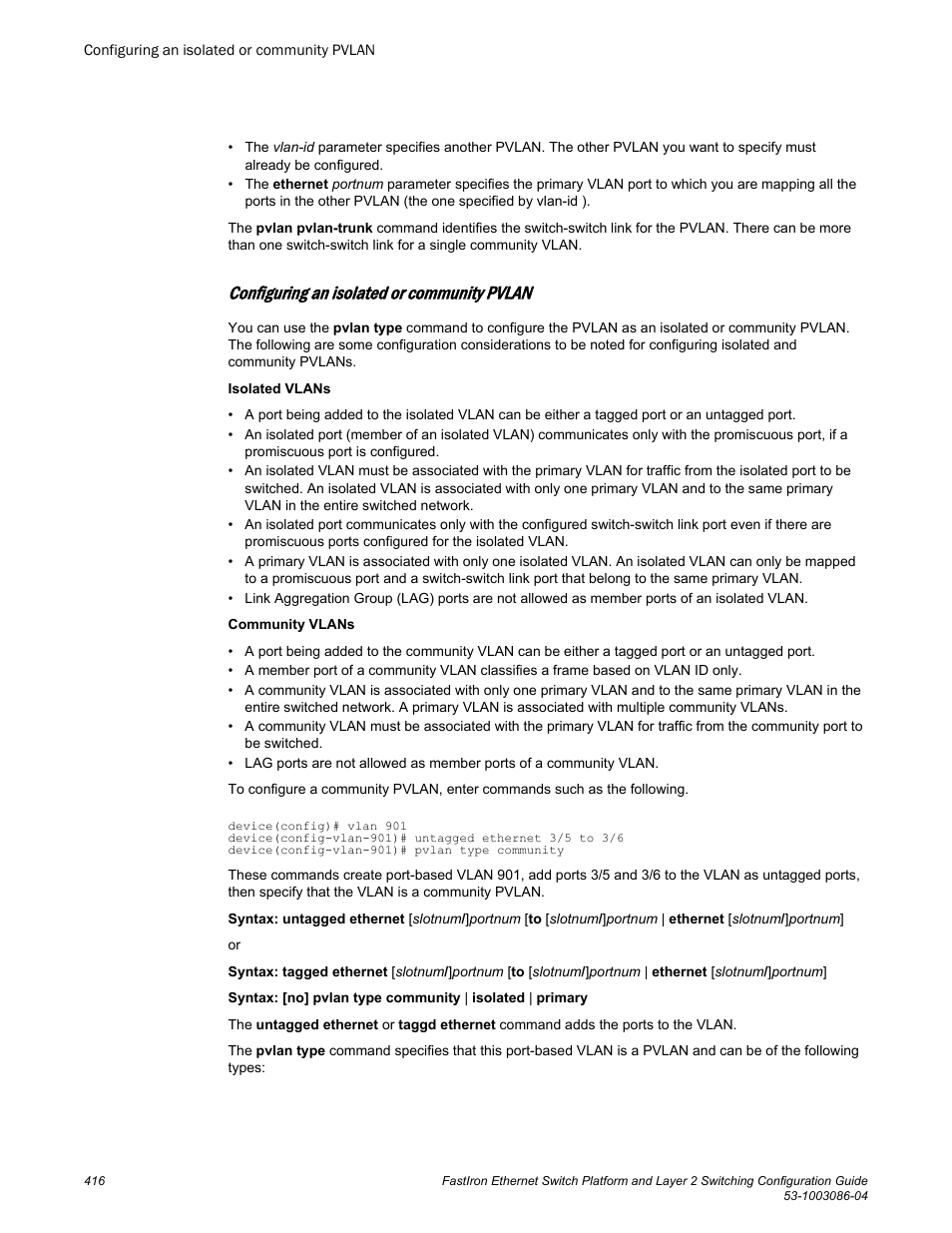 Configuring an isolated or community pvlan | Brocade FastIron Ethernet Switch Platform and Layer 2 Switching Configuration Guide User Manual | Page 416 / 454