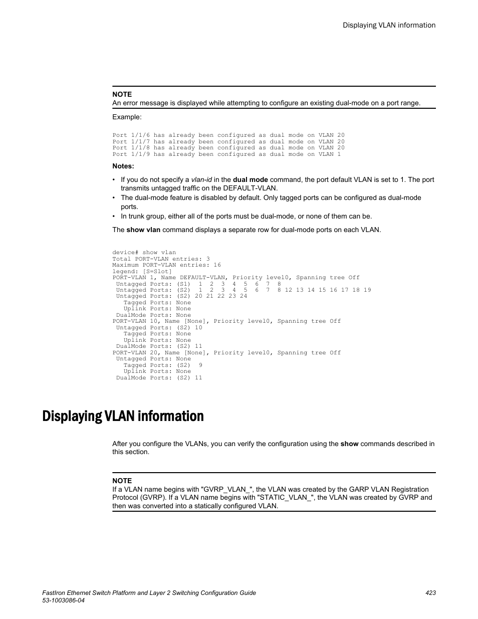 Displaying vlan information | Brocade FastIron Ethernet Switch Platform and Layer 2 Switching Configuration Guide User Manual | Page 423 / 454