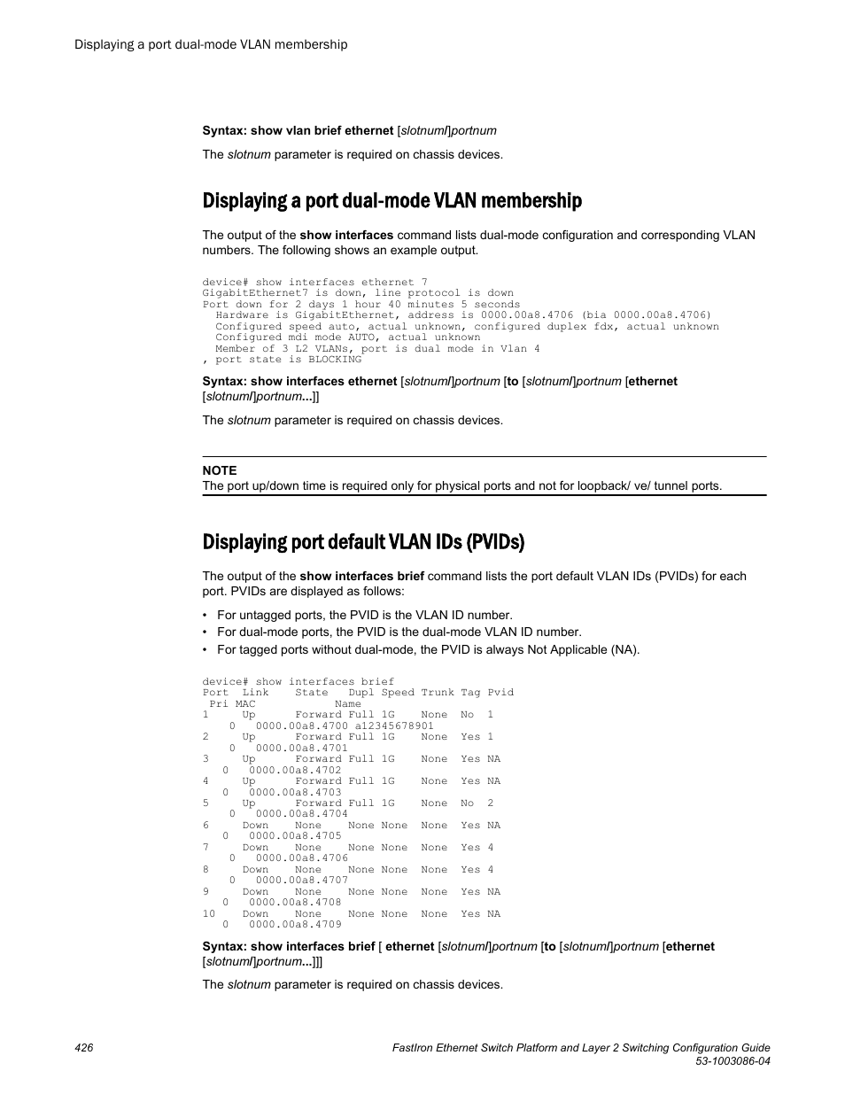 Displaying a port dual-mode vlan membership, Displaying port default vlan ids (pvids) | Brocade FastIron Ethernet Switch Platform and Layer 2 Switching Configuration Guide User Manual | Page 426 / 454
