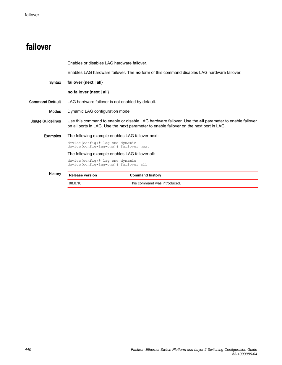 Failover | Brocade FastIron Ethernet Switch Platform and Layer 2 Switching Configuration Guide User Manual | Page 440 / 454