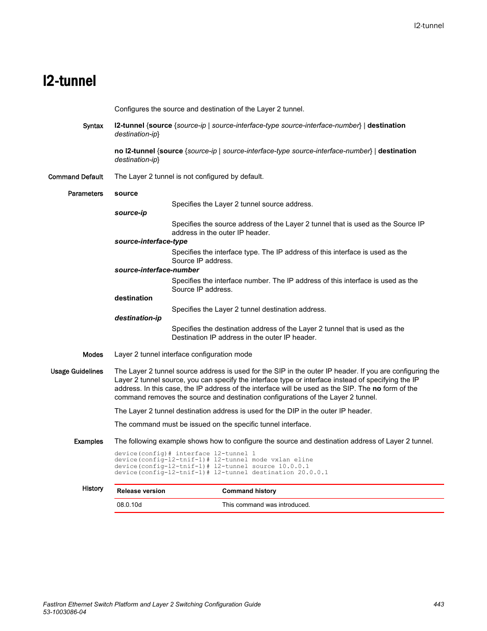 L2-tunnel | Brocade FastIron Ethernet Switch Platform and Layer 2 Switching Configuration Guide User Manual | Page 443 / 454