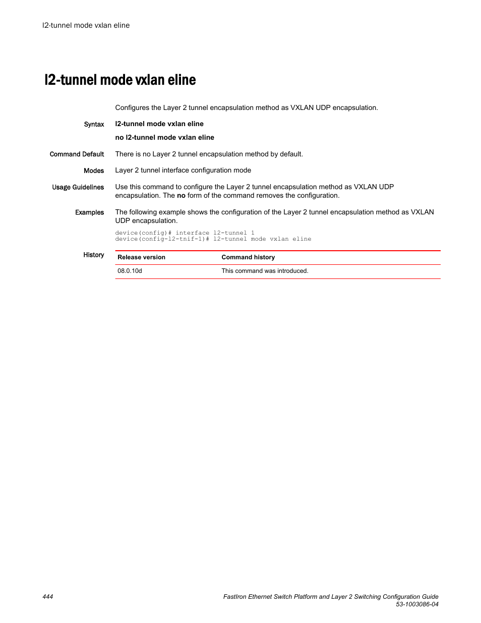 L2-tunnel mode vxlan eline | Brocade FastIron Ethernet Switch Platform and Layer 2 Switching Configuration Guide User Manual | Page 444 / 454