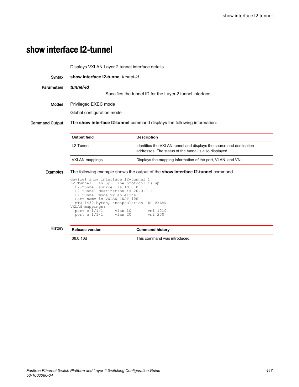 Show interface l2-tunnel | Brocade FastIron Ethernet Switch Platform and Layer 2 Switching Configuration Guide User Manual | Page 447 / 454