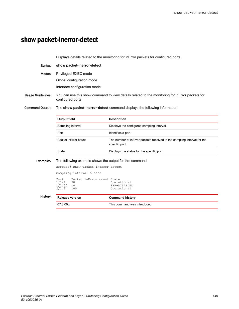 Show packet-inerror-detect | Brocade FastIron Ethernet Switch Platform and Layer 2 Switching Configuration Guide User Manual | Page 449 / 454