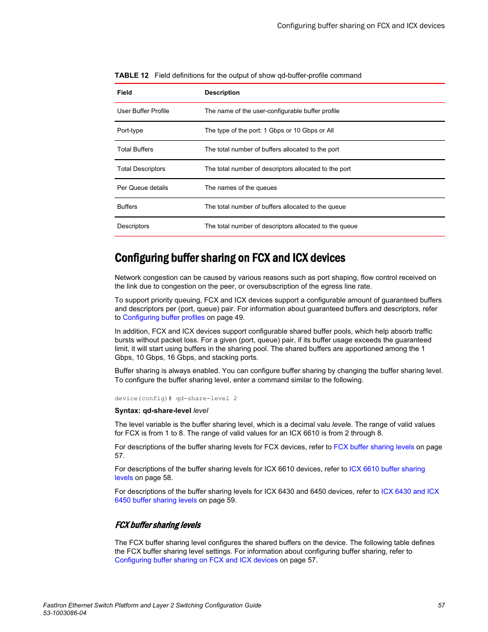Configuring buffer sharing on fcx and icx devices, Fcx buffer sharing levels | Brocade FastIron Ethernet Switch Platform and Layer 2 Switching Configuration Guide User Manual | Page 57 / 454
