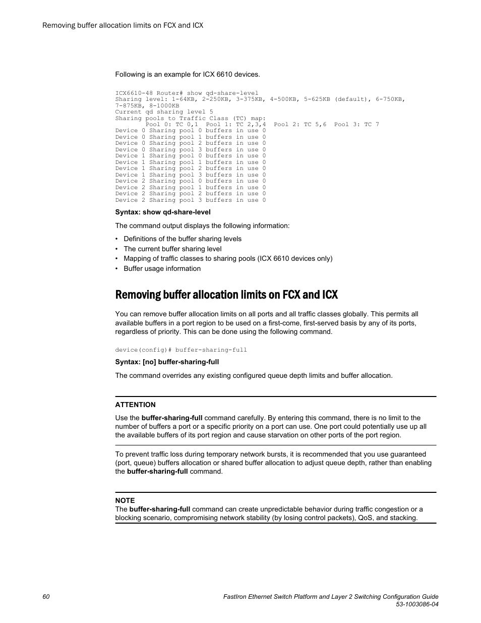 Removing buffer allocation limits on fcx and icx | Brocade FastIron Ethernet Switch Platform and Layer 2 Switching Configuration Guide User Manual | Page 60 / 454