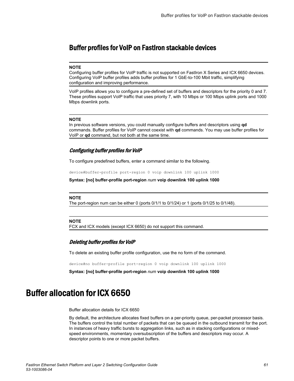 Configuring buffer profiles for voip, Deleting buffer profiles for voip, Buffer allocation for icx 6650 | Brocade FastIron Ethernet Switch Platform and Layer 2 Switching Configuration Guide User Manual | Page 61 / 454