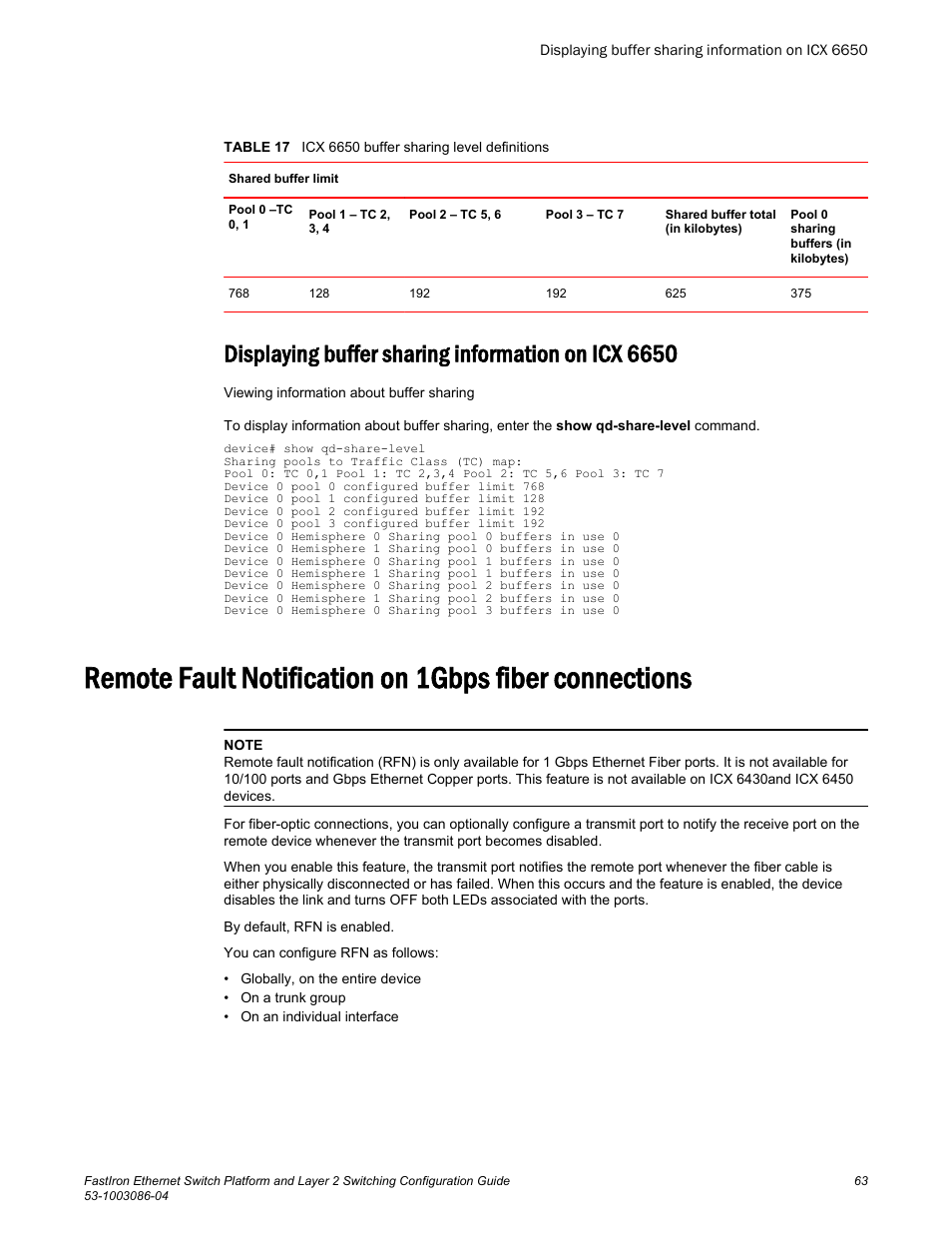 Displaying buffer sharing information on icx 6650 | Brocade FastIron Ethernet Switch Platform and Layer 2 Switching Configuration Guide User Manual | Page 63 / 454