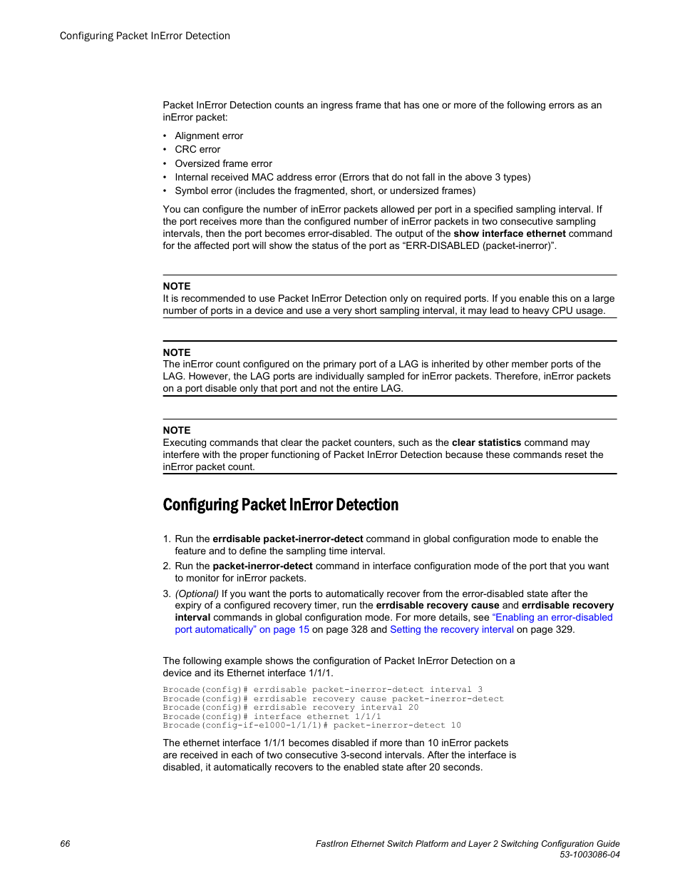 Configuring packet inerror detection | Brocade FastIron Ethernet Switch Platform and Layer 2 Switching Configuration Guide User Manual | Page 66 / 454
