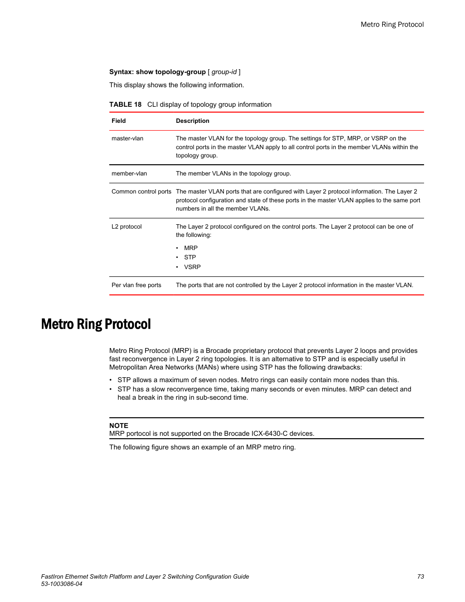 Metro ring protocol | Brocade FastIron Ethernet Switch Platform and Layer 2 Switching Configuration Guide User Manual | Page 73 / 454