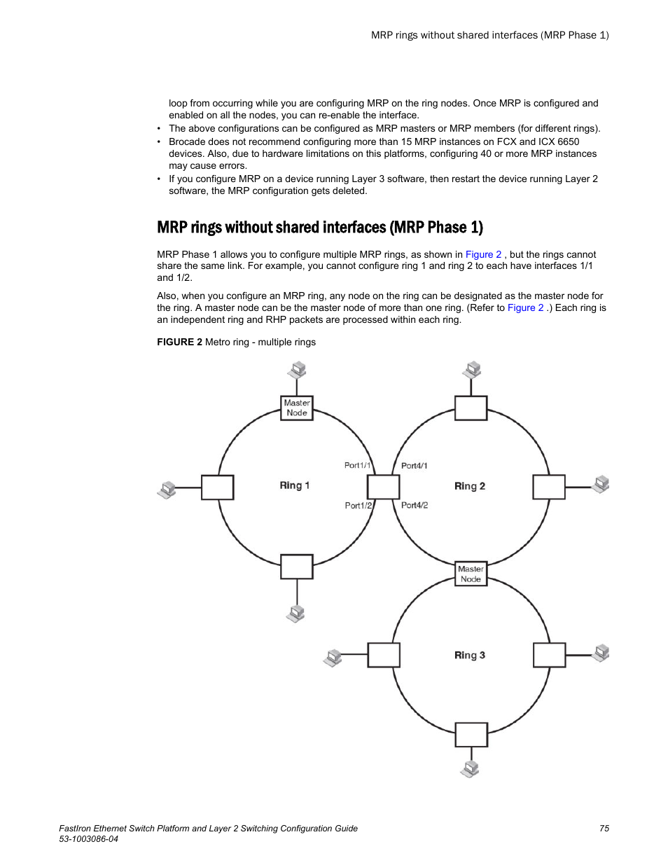 Mrp rings without shared interfaces (mrp phase 1) | Brocade FastIron Ethernet Switch Platform and Layer 2 Switching Configuration Guide User Manual | Page 75 / 454
