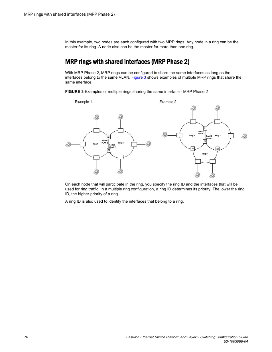 Mrp rings with shared interfaces (mrp phase 2) | Brocade FastIron Ethernet Switch Platform and Layer 2 Switching Configuration Guide User Manual | Page 76 / 454