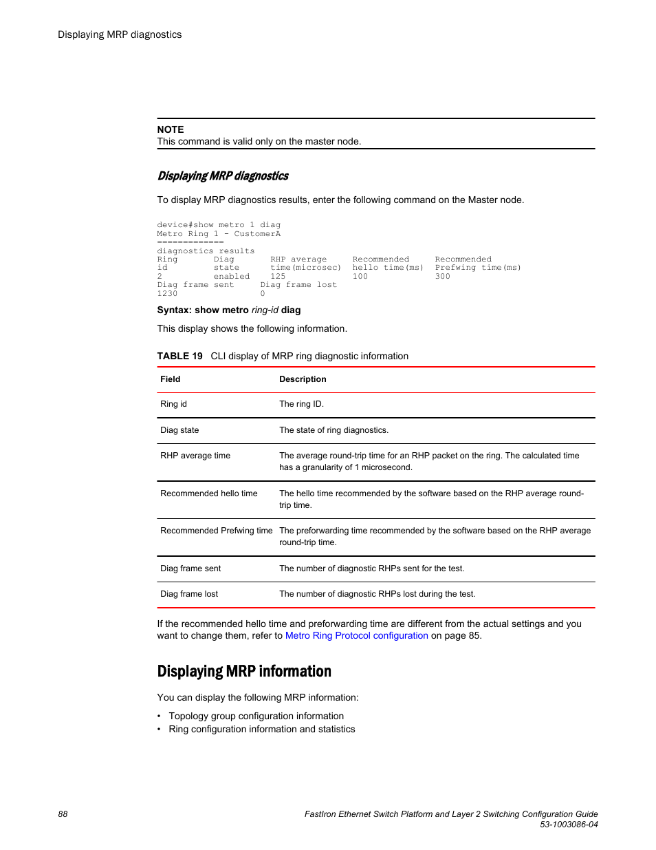 Displaying mrp diagnostics, Displaying mrp information | Brocade FastIron Ethernet Switch Platform and Layer 2 Switching Configuration Guide User Manual | Page 88 / 454