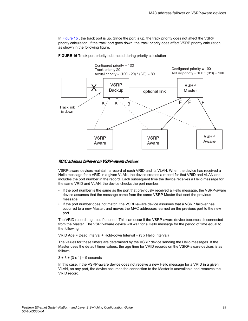 Mac address failover on vsrp-aware devices | Brocade FastIron Ethernet Switch Platform and Layer 2 Switching Configuration Guide User Manual | Page 99 / 454