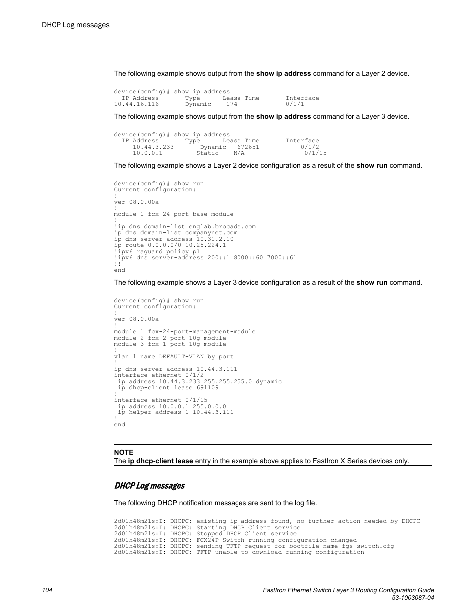 Dhcp log messages | Brocade FastIron Ethernet Switch Layer 3 Routing Configuration Guide User Manual | Page 104 / 672