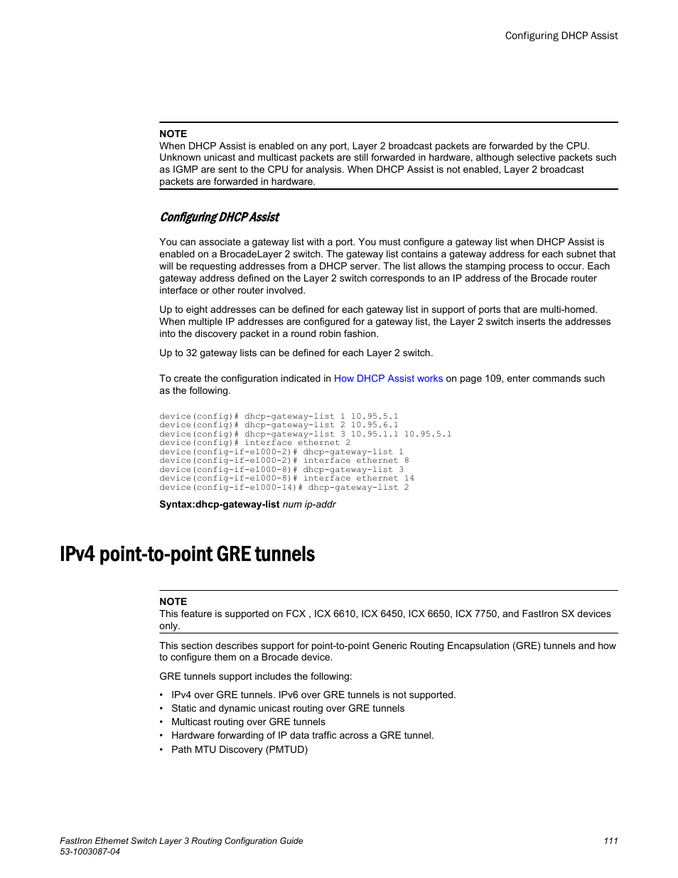 Configuring dhcp assist, Ipv4 point-to-point gre tunnels | Brocade FastIron Ethernet Switch Layer 3 Routing Configuration Guide User Manual | Page 111 / 672