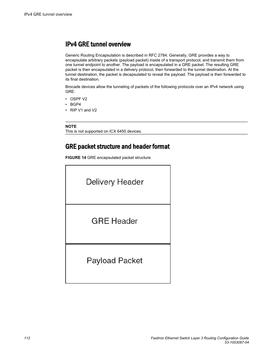 Ipv4 gre tunnel overview, Gre packet structure and header format | Brocade FastIron Ethernet Switch Layer 3 Routing Configuration Guide User Manual | Page 112 / 672