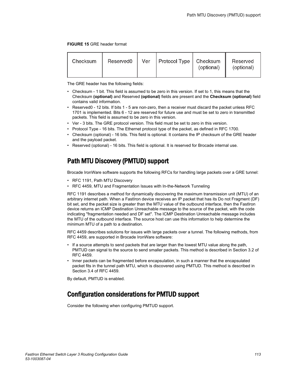 Path mtu discovery (pmtud) support, Configuration considerations for pmtud support | Brocade FastIron Ethernet Switch Layer 3 Routing Configuration Guide User Manual | Page 113 / 672