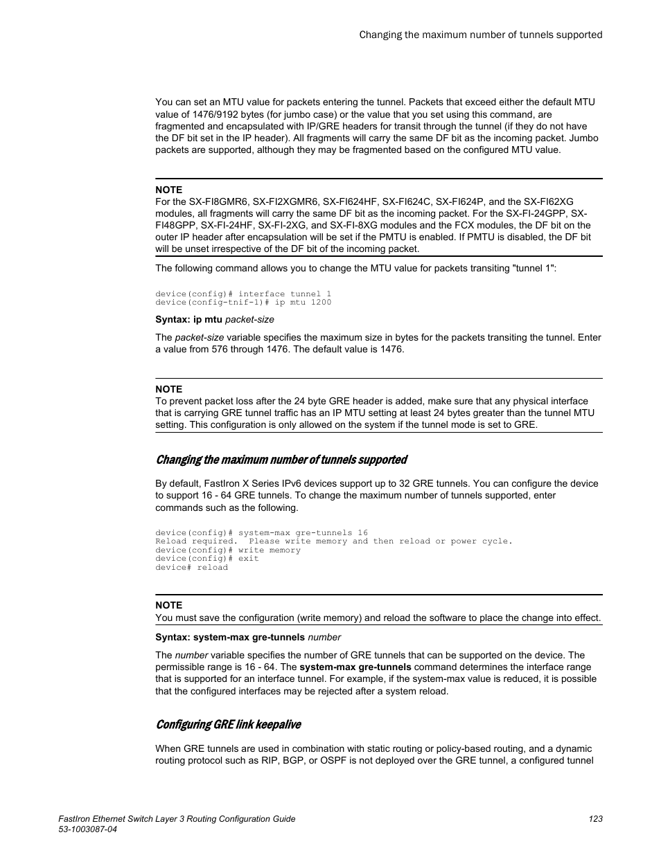 Changing the maximum number of tunnels supported, Configuring gre link keepalive | Brocade FastIron Ethernet Switch Layer 3 Routing Configuration Guide User Manual | Page 123 / 672