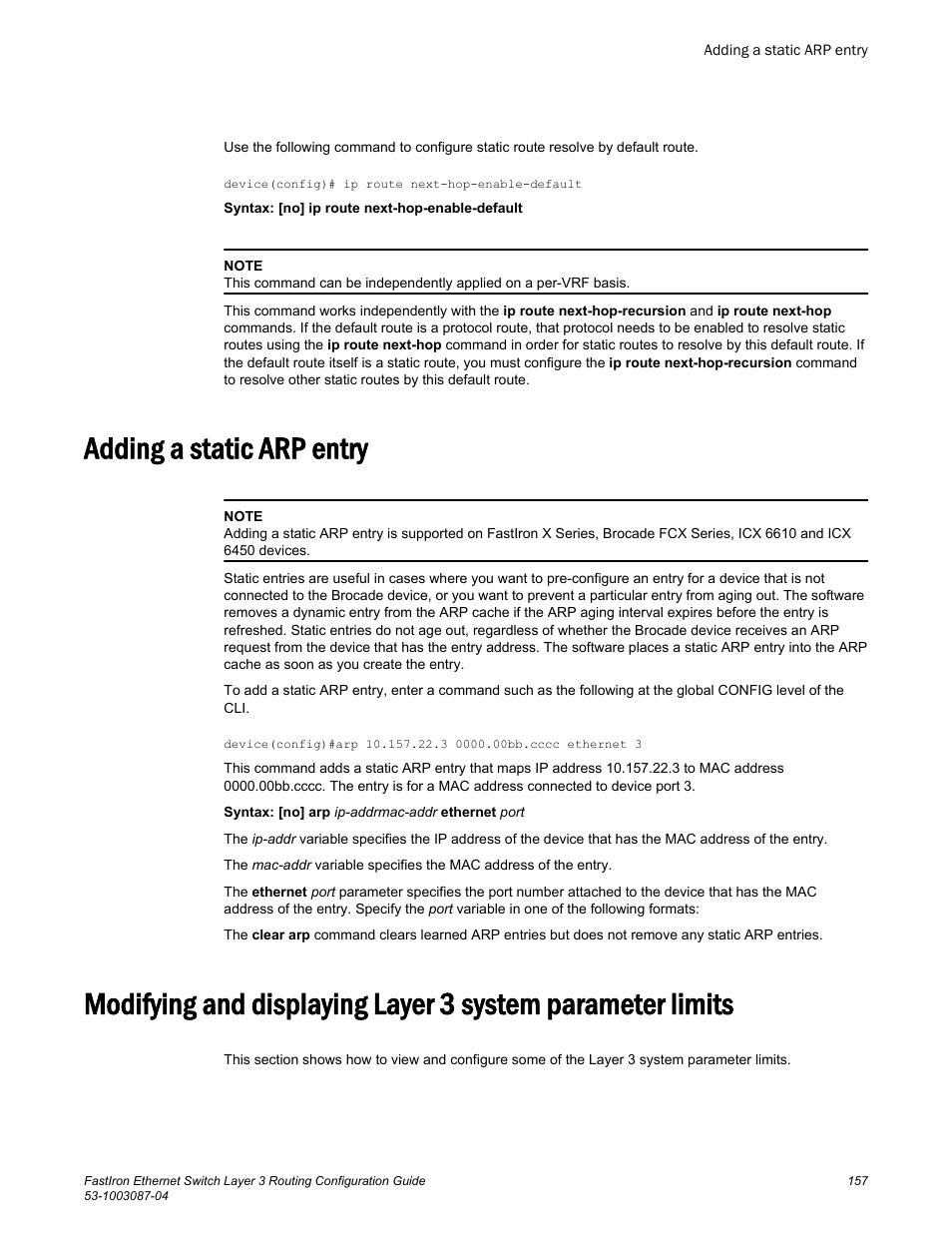 Adding a static arp entry | Brocade FastIron Ethernet Switch Layer 3 Routing Configuration Guide User Manual | Page 157 / 672