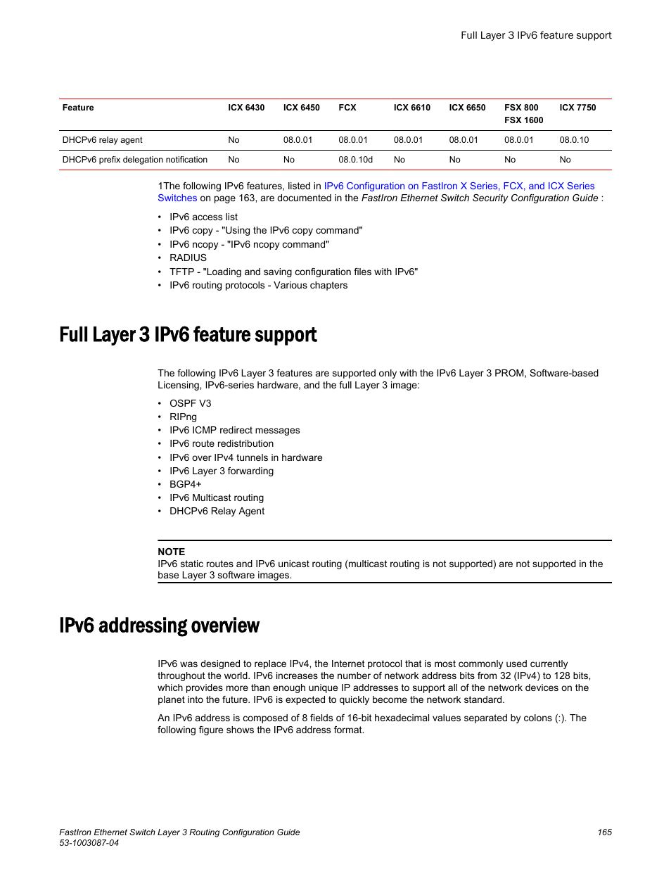 Full layer 3 ipv6 feature support, Ipv6 addressing overview | Brocade FastIron Ethernet Switch Layer 3 Routing Configuration Guide User Manual | Page 165 / 672