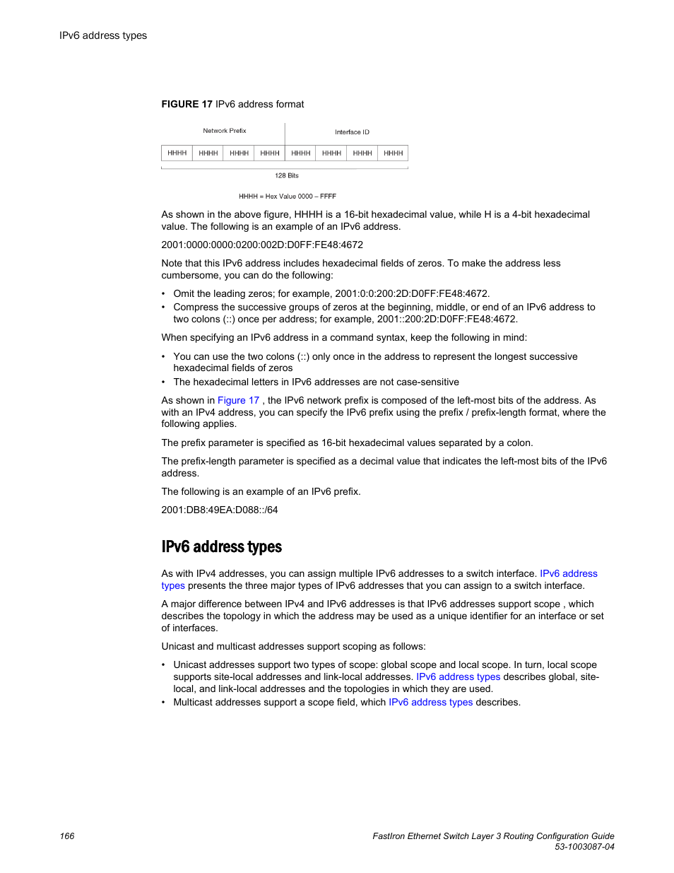 Ipv6 address types | Brocade FastIron Ethernet Switch Layer 3 Routing Configuration Guide User Manual | Page 166 / 672