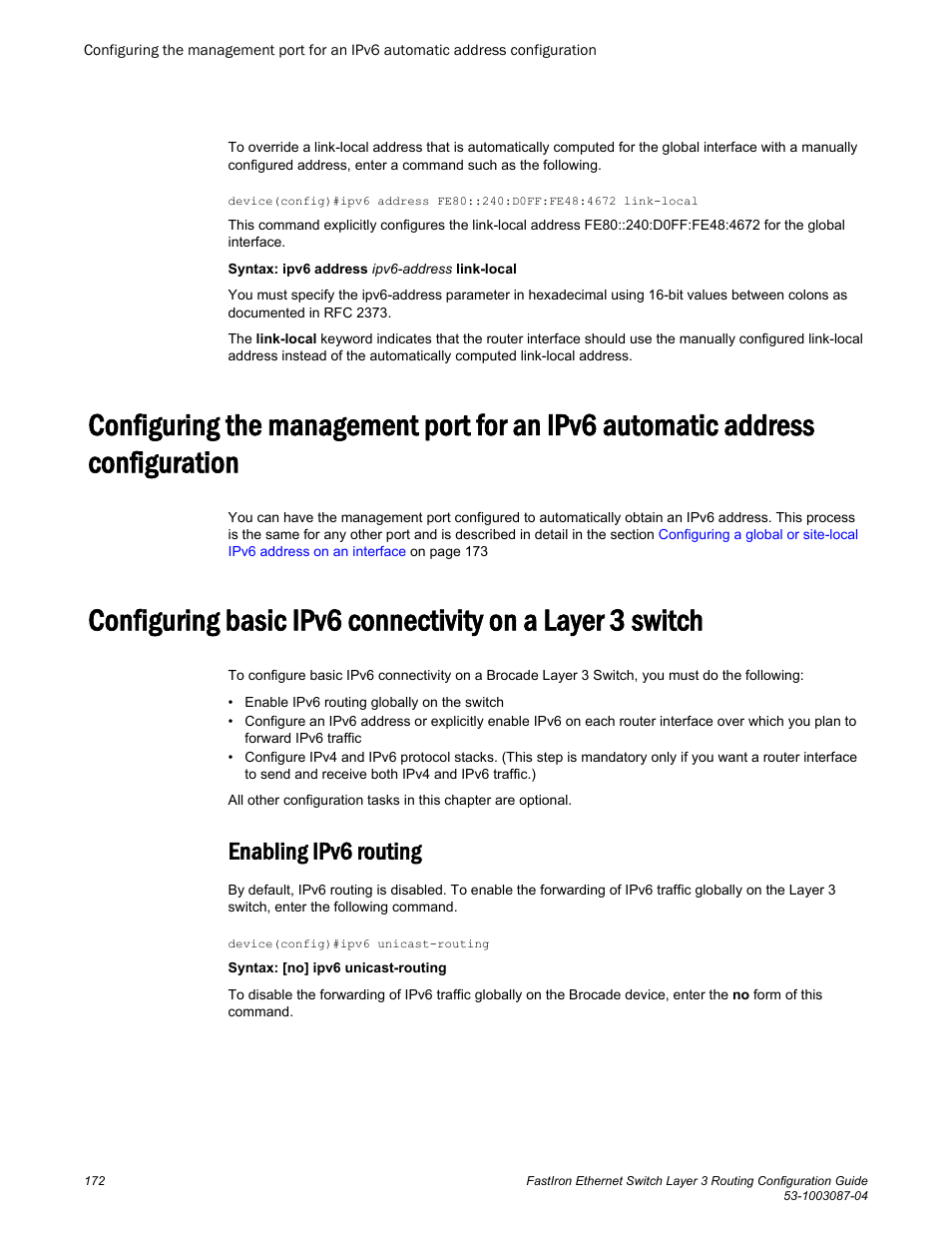 Enabling ipv6 routing, Configuration, Configuring | Brocade FastIron Ethernet Switch Layer 3 Routing Configuration Guide User Manual | Page 172 / 672