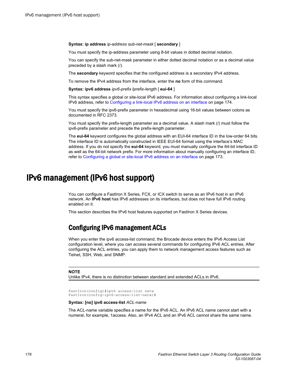 Ipv6 management (ipv6 host support), Configuring ipv6 management acls | Brocade FastIron Ethernet Switch Layer 3 Routing Configuration Guide User Manual | Page 176 / 672