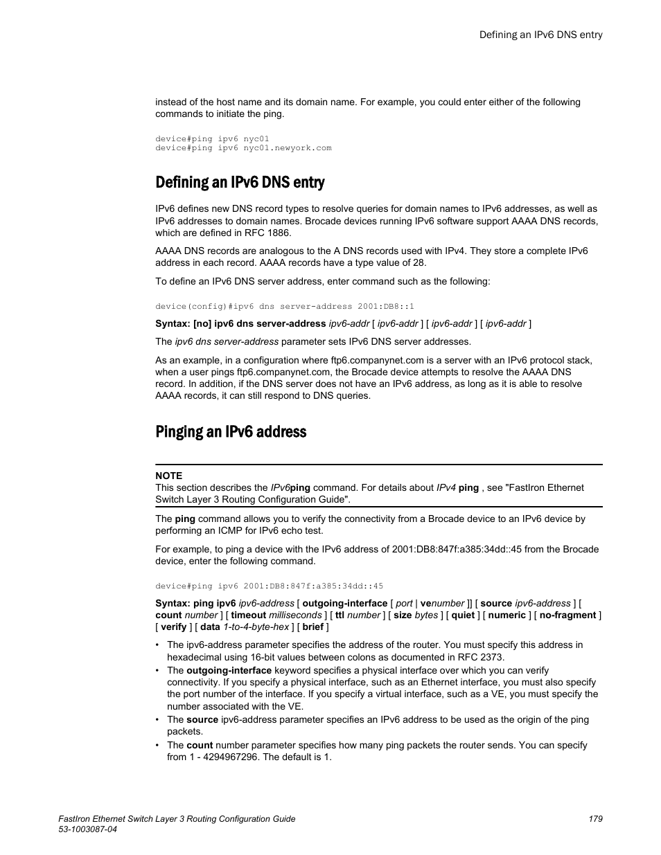 Defining an ipv6 dns entry, Pinging an ipv6 address, Defining an ipv6 dns entry pinging an ipv6 address | Brocade FastIron Ethernet Switch Layer 3 Routing Configuration Guide User Manual | Page 179 / 672