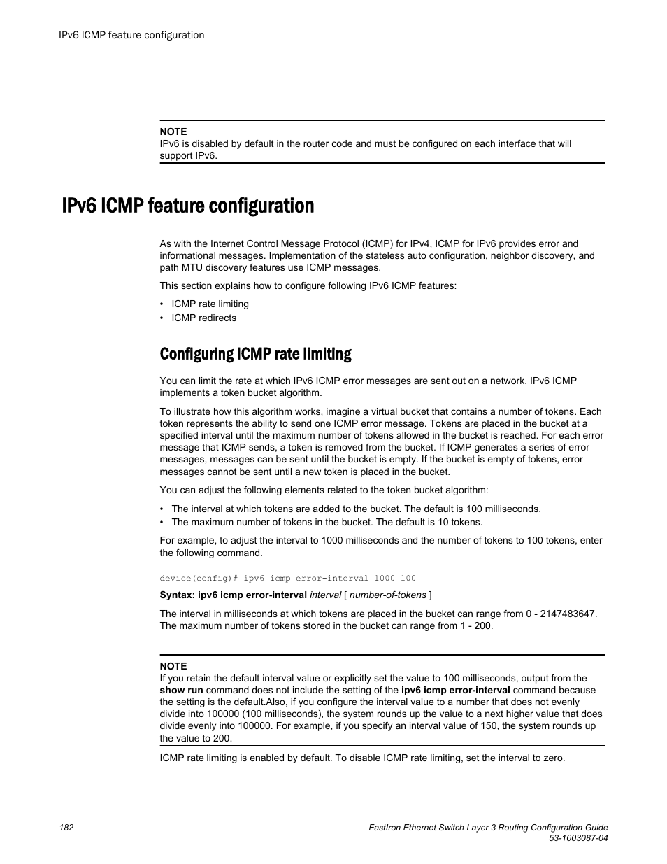 Ipv6 icmp feature configuration, Configuring icmp rate limiting | Brocade FastIron Ethernet Switch Layer 3 Routing Configuration Guide User Manual | Page 182 / 672