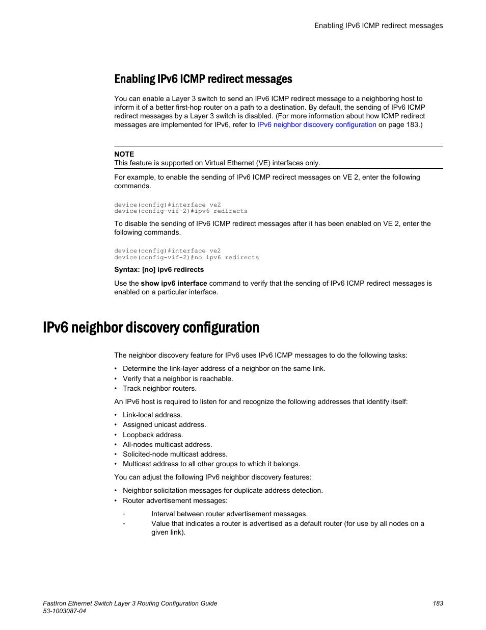 Enabling ipv6 icmp redirect messages, Ipv6 neighbor discovery configuration | Brocade FastIron Ethernet Switch Layer 3 Routing Configuration Guide User Manual | Page 183 / 672